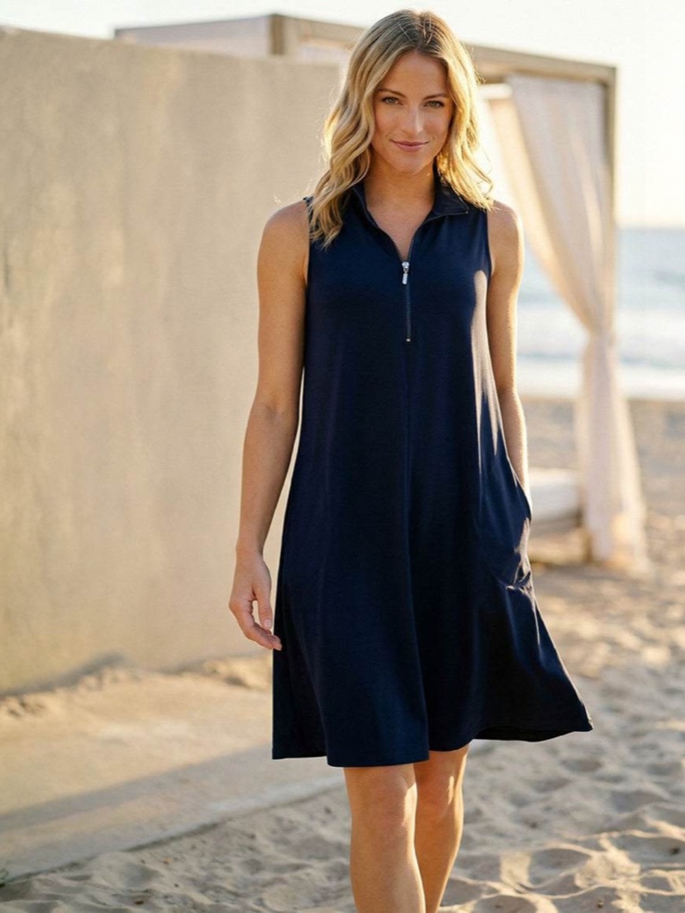 Karen Kane Sleeveless Zip Up Travel Jersey Dress, XS, Navy